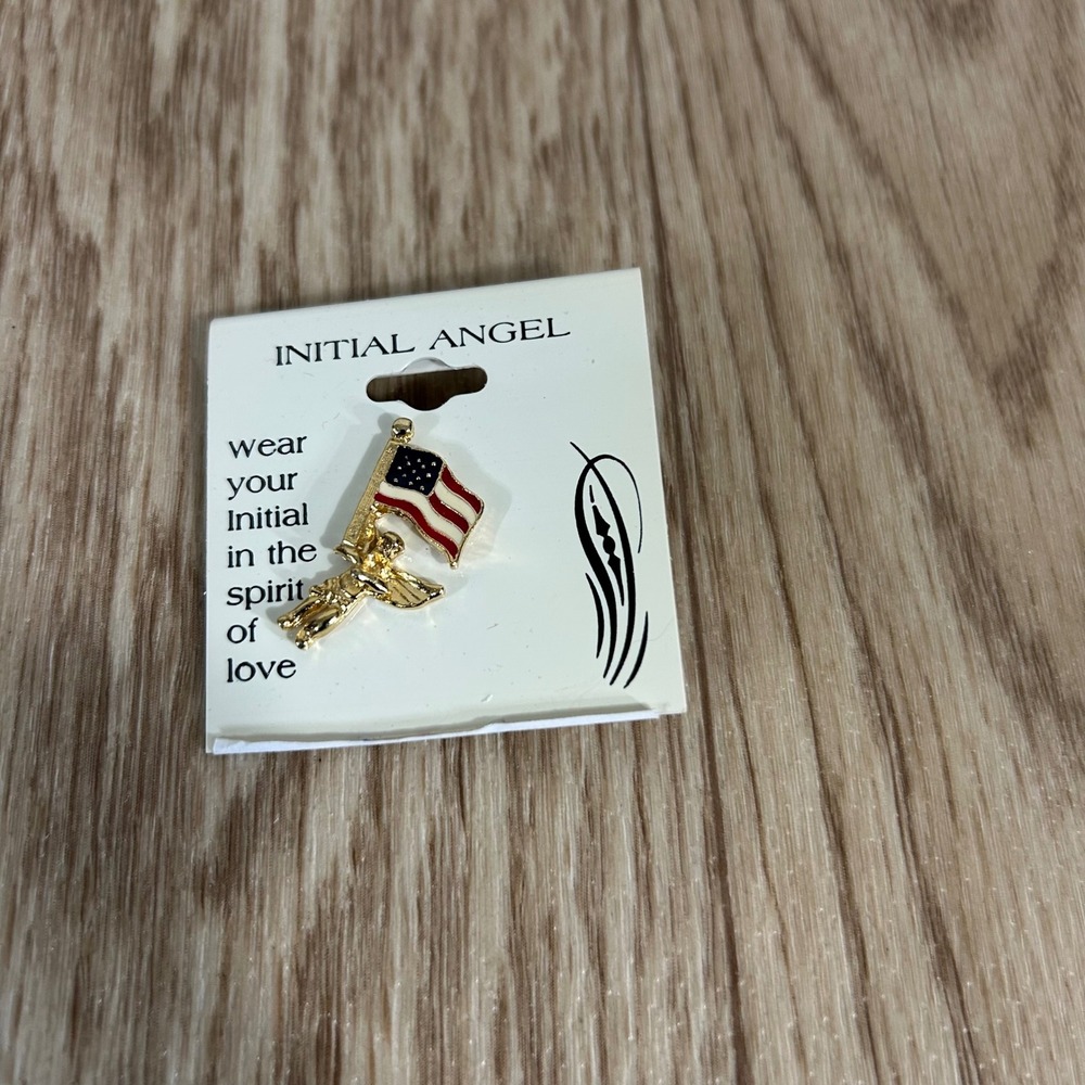 Initial Angel Lapel Pin Unisex OS Gold American Flag New Patriotic Cherub USA